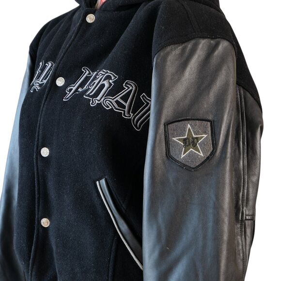 Baby Phat Sz L Vintage Y2k Bomber Jacket Hooded Spell Out Lamb Leather Sleeves - Picture 8 of 16